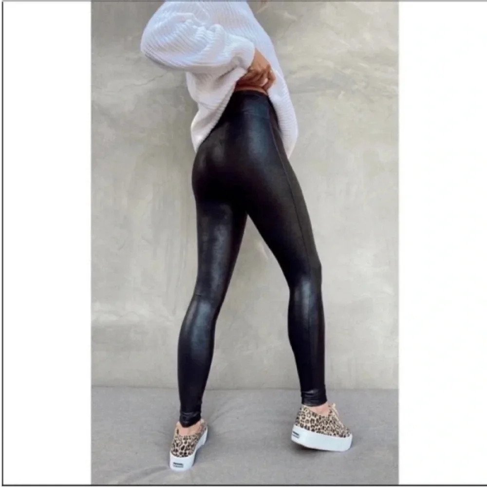 SPANX Faux Leather Leggings High Waisted Pull On Pants Stretch Black Vegan S